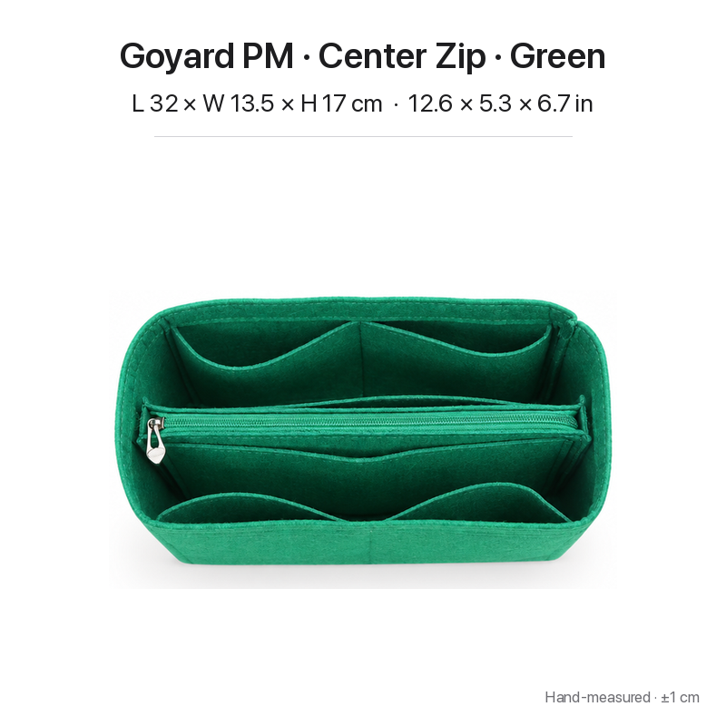 Green felt bag organizer insert for Goyard Saint Louis PM, center zipper layout, top view showing pockets