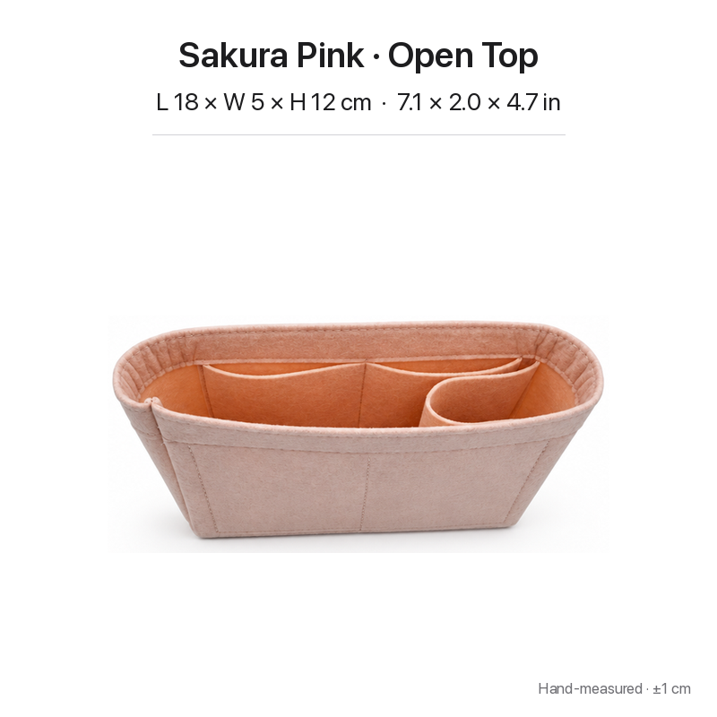 Sakura pink felt bag organizer insert for Louis Vuitton Locky BB, open top, angled view