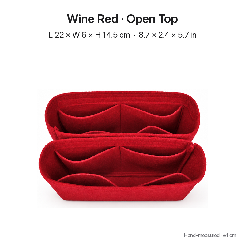 Wine red felt bag organizer insert for Louis Vuitton NeoNoe MM, open top, two-section top view