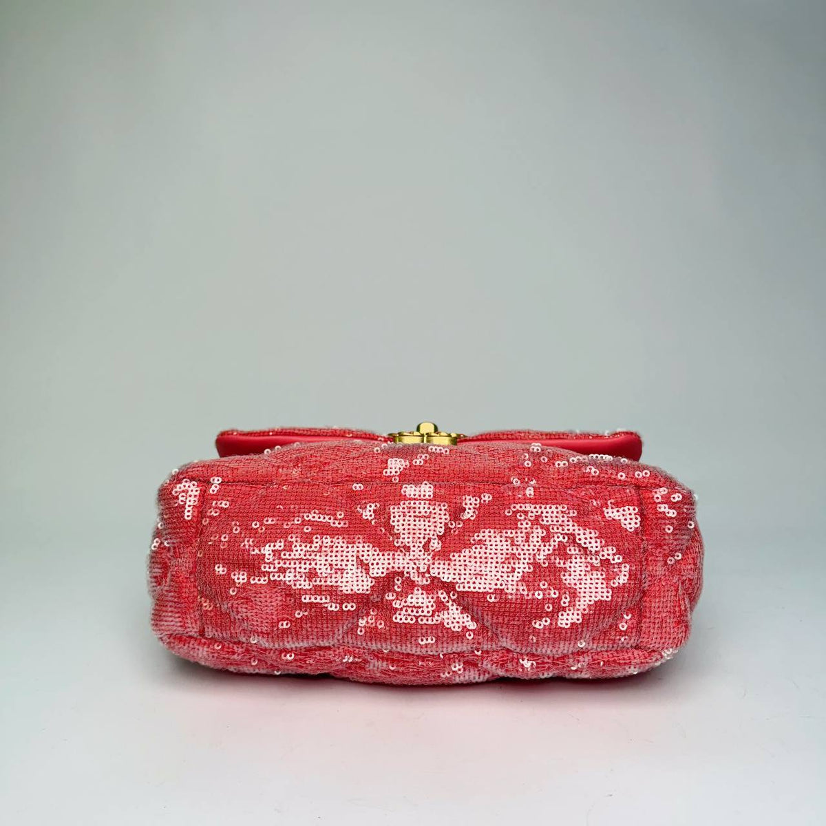 Chanel 19 Flap Bag coral pink sequin, base view
