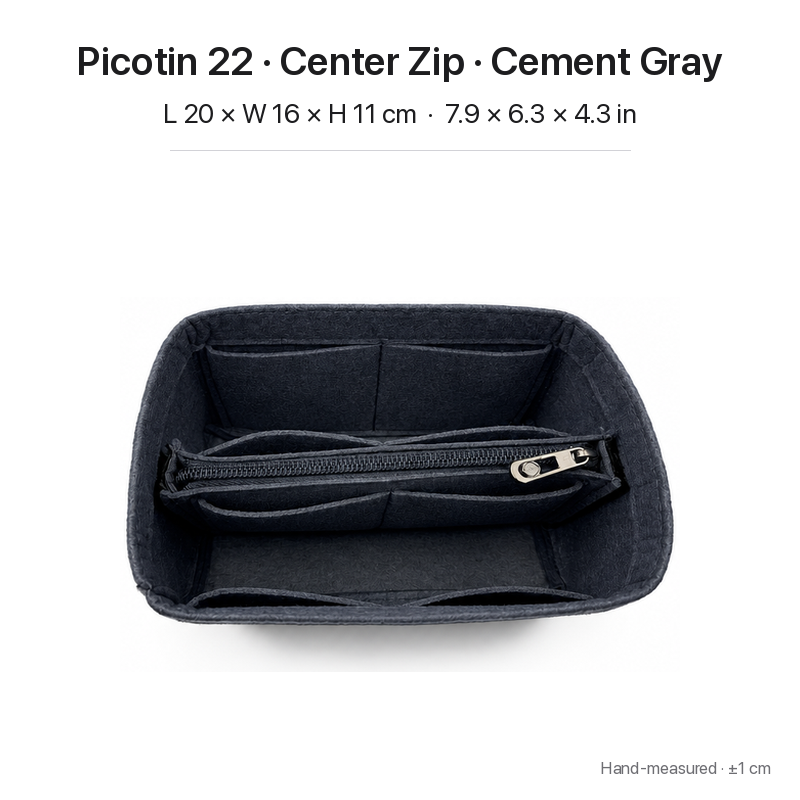Cement gray felt bag organizer insert for Hermès Picotin 22, center zipper layout, top view showing pockets