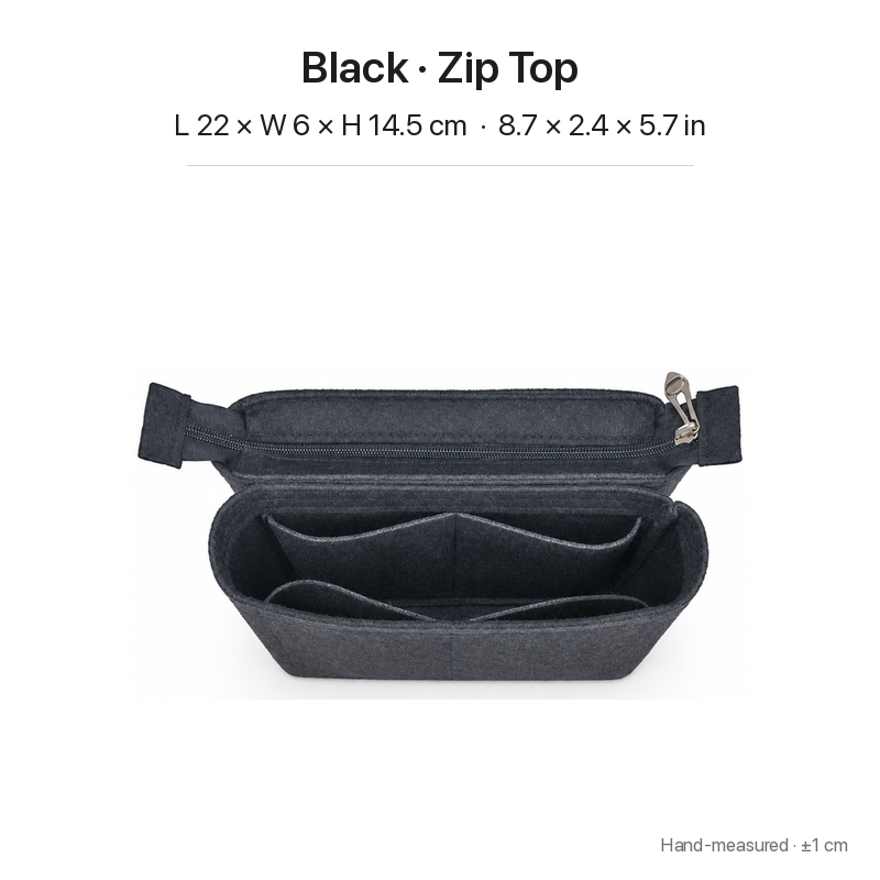 Black felt bag organizer insert for Louis Vuitton NeoNoe MM, zipper top, two-section top view