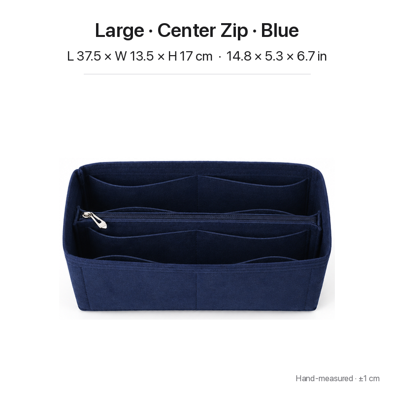 Blue felt bag organizer insert for Dior Book Tote Large, center zipper layout, top view showing pockets