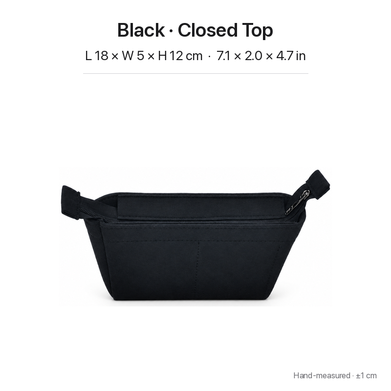 Black felt bag organizer insert for Louis Vuitton Locky BB, closed top, front view showing a zippered top