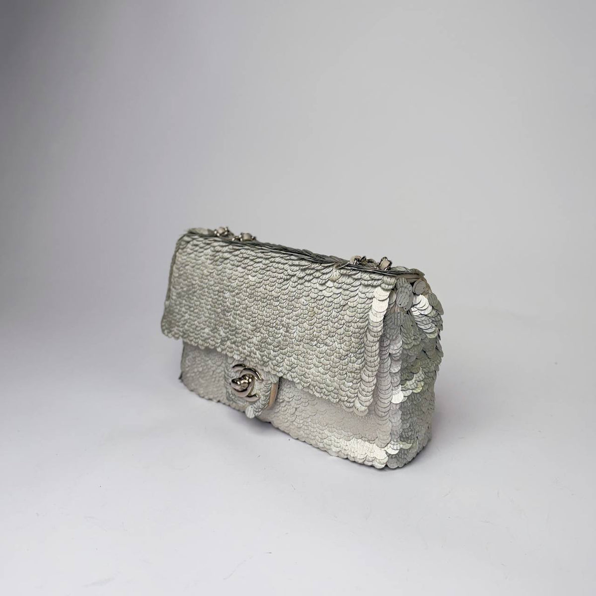 Chanel Classic Flap Bag silver sequin, angled side view