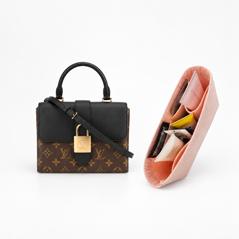 Sakura pink felt organizer insert for Louis Vuitton Locky BB filled with small essentials, beside the bag
