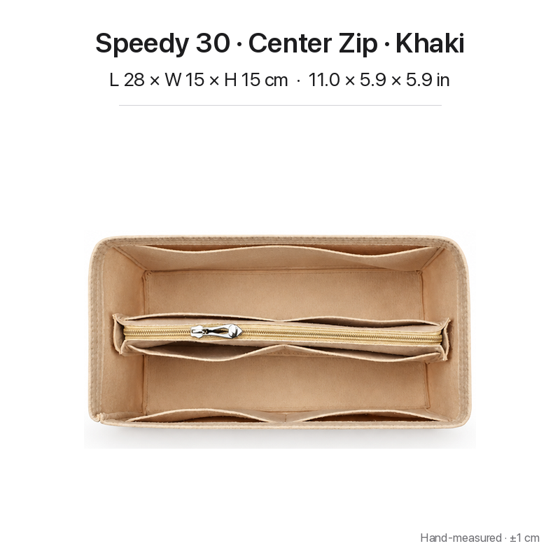 Khaki felt bag organizer insert for Louis Vuitton Speedy 30, center zipper layout, top view showing pockets