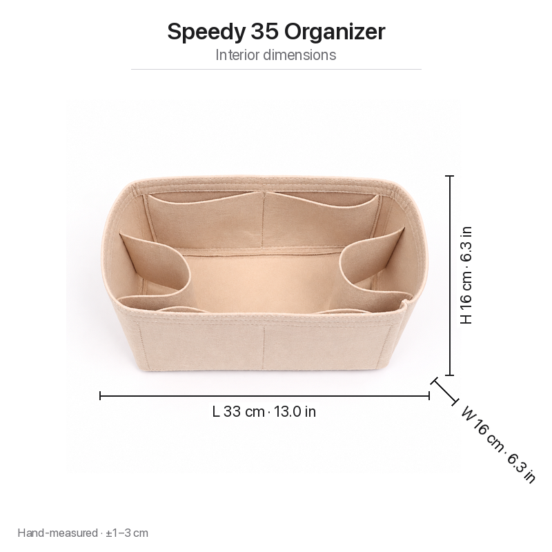 Interior dimensions chart for the Speedy 35 felt organizer insert, beige: 33 x 16 x 16 cm