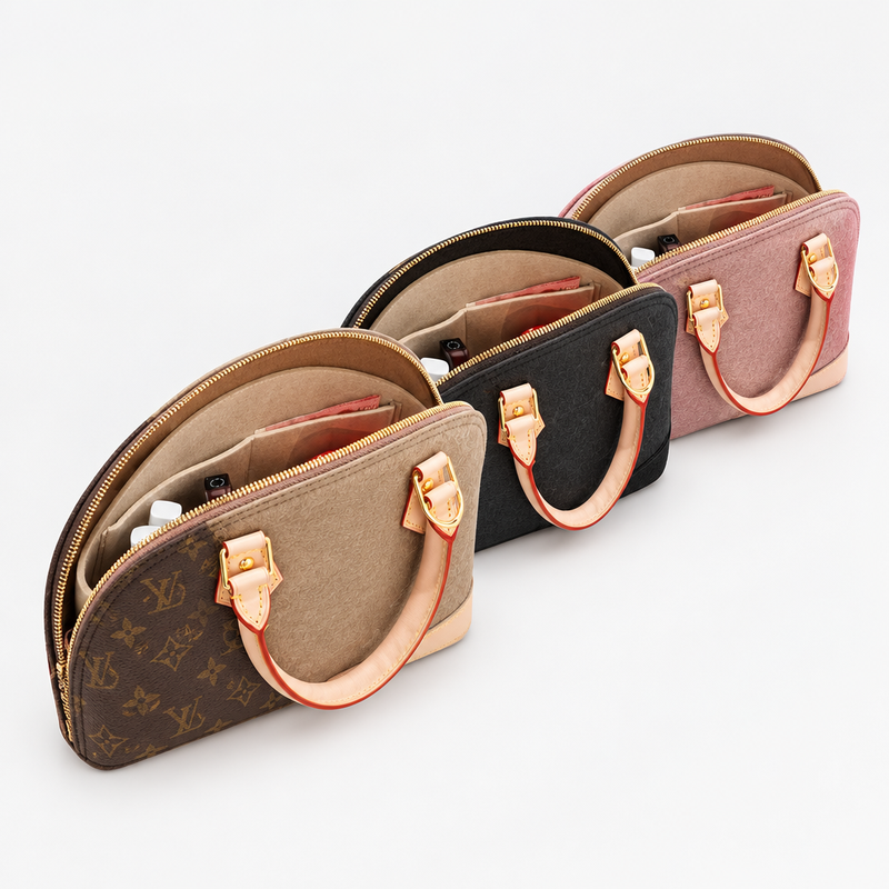 Three Louis Vuitton Alma bags, brown, black and pink, shown open with khaki felt inserts inside