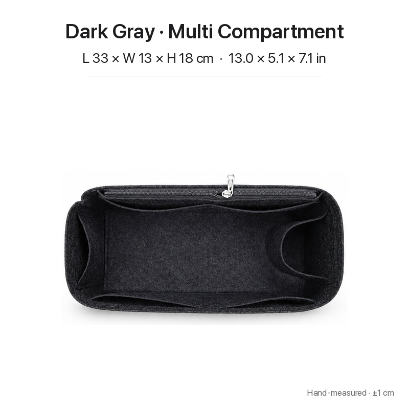 Dark gray felt bag organizer insert for Goyard Bohème Hobo, multi-compartment layout, top view showing pockets