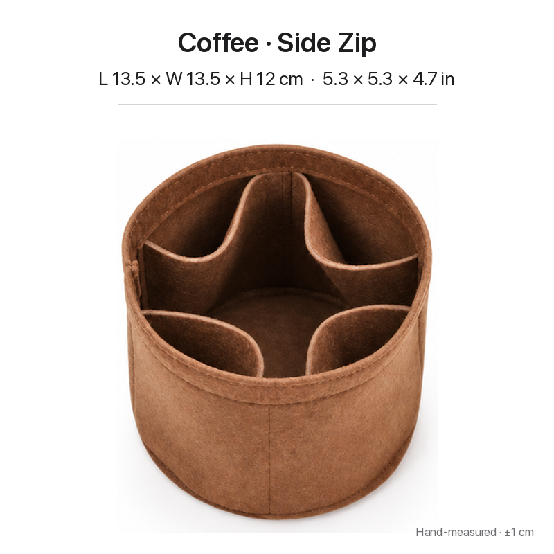Coffee felt bag organizer insert for Louis Vuitton Cannes, side zipper layout, top view showing pockets