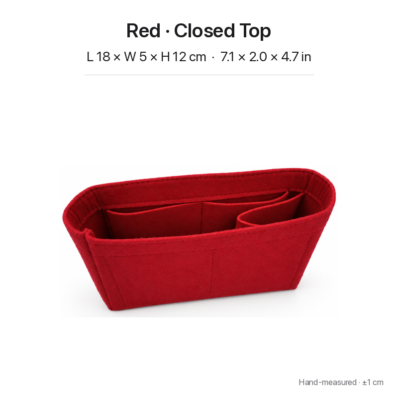 Red felt bag organizer insert for Louis Vuitton Locky BB, closed top, angled view