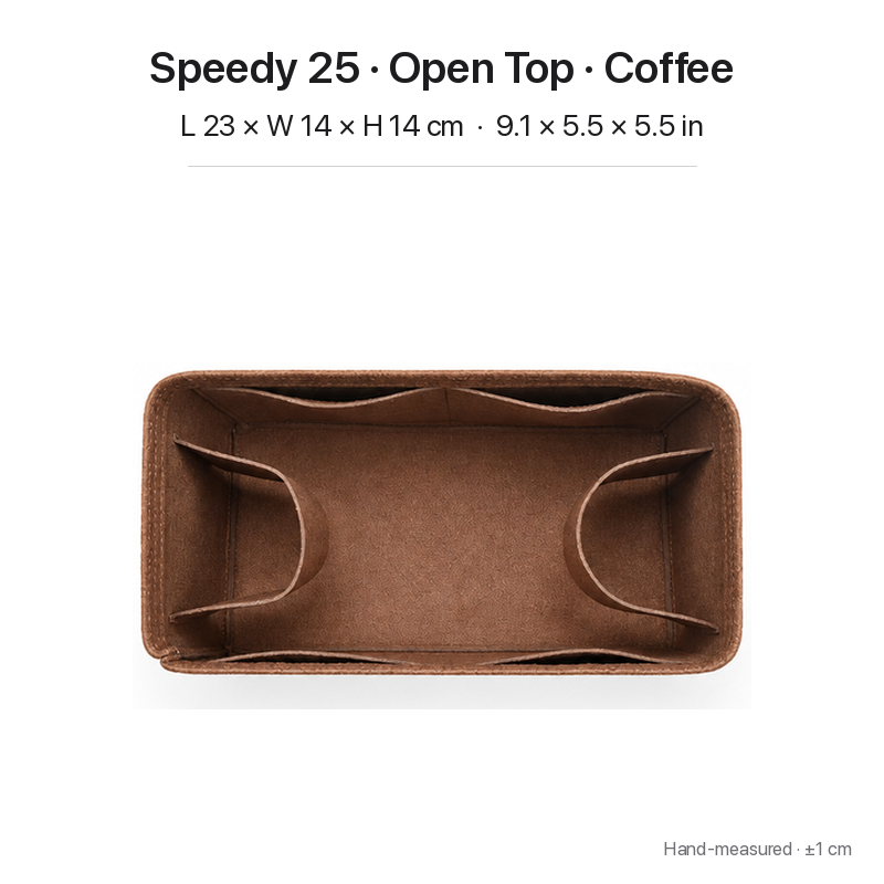 Coffee felt bag organizer insert for Louis Vuitton Speedy 25, open top, top view showing pockets