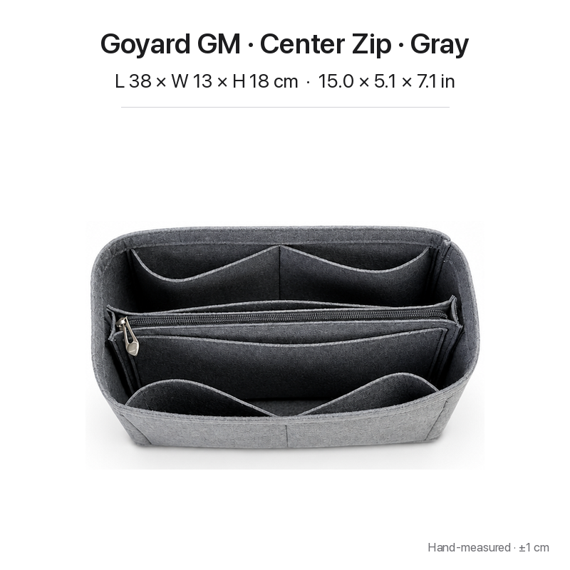 Gray felt bag organizer insert for Goyard Saint Louis GM, center zipper layout, top view showing pockets