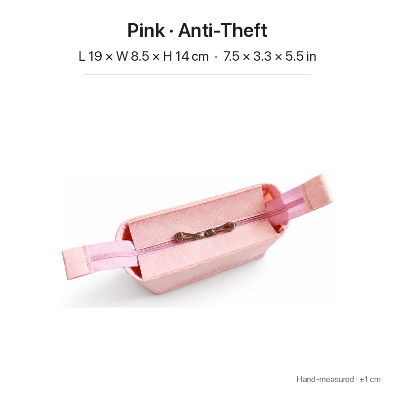 Pink felt bag organizer insert for Goyard Saint Louis Mini, anti-theft zipper top with pull tabs, 19 x 8.5 x 14 cm