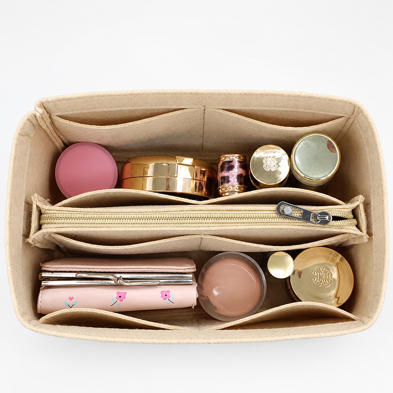 Khaki felt organizer insert for Hermès Picotin, top view filled with makeup, compact and wallet