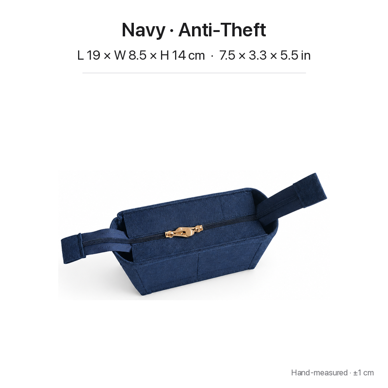 Navy felt bag organizer insert for Goyard Saint Louis Mini, anti-theft zipper top with pull tabs, 19 x 8.5 x 14 cm