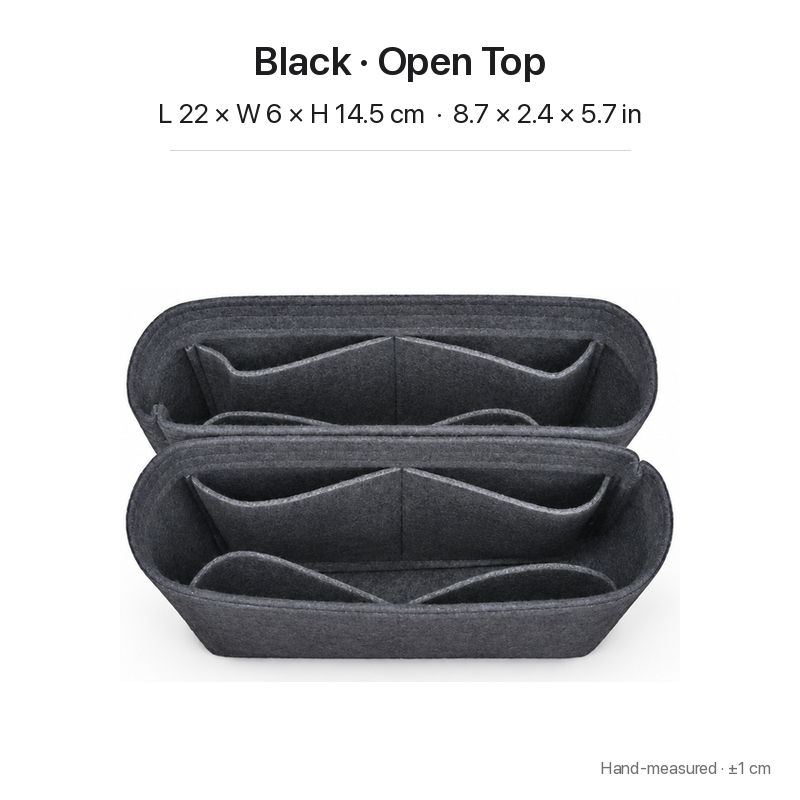 Black felt bag organizer insert for Louis Vuitton NeoNoe MM, open top, two-section top view