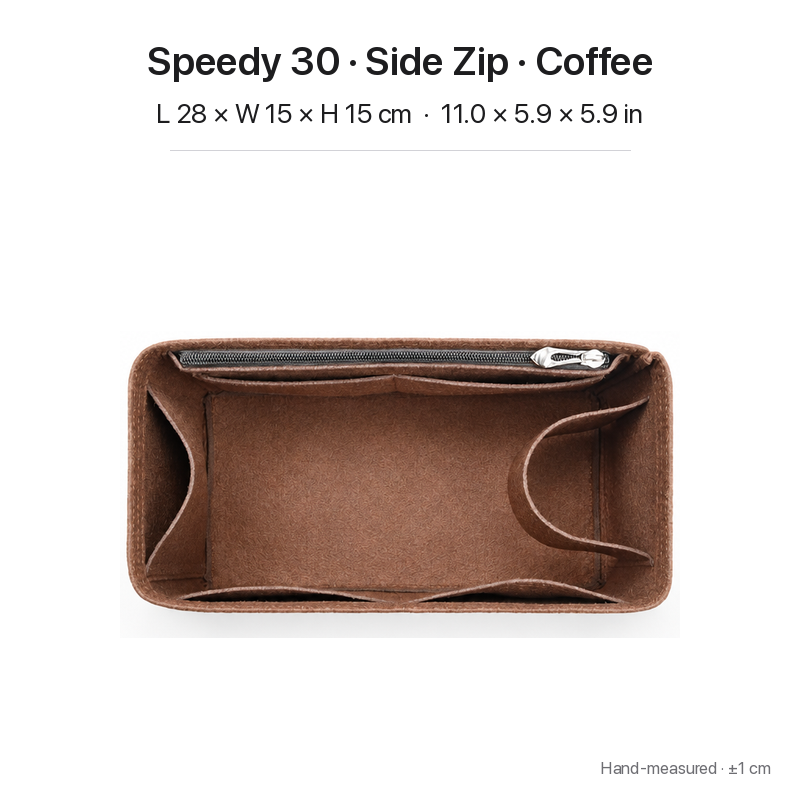 Coffee felt bag organizer insert for Louis Vuitton Speedy 30, side zipper layout, top view showing pockets