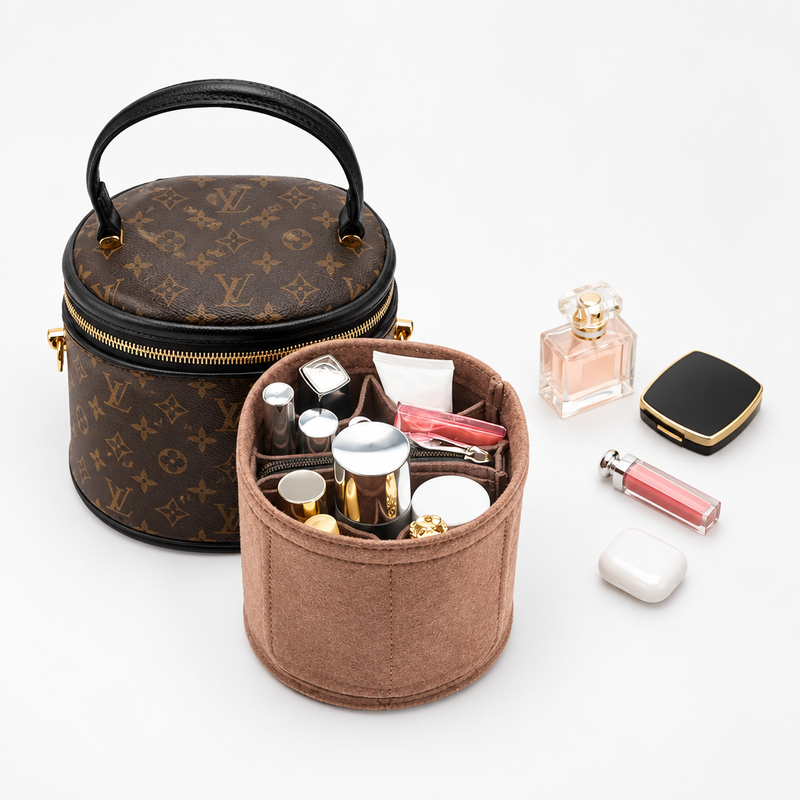 Camel felt organizer insert for Louis Vuitton Cannes filled with makeup and perfume, beside the bag