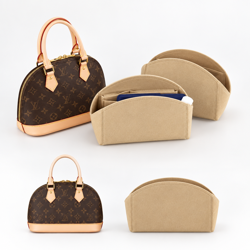 Khaki felt organizer inserts for Louis Vuitton Alma, one holding a pouch, beside Alma bags in two sizes