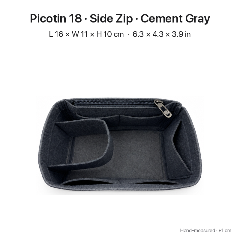 Cement gray felt bag organizer insert for Hermès Picotin 18, side zipper layout, top view showing pockets