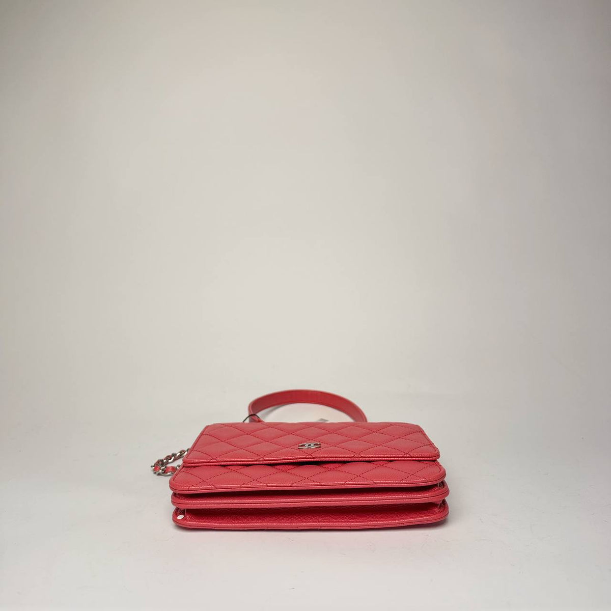 Chanel Wallet on Chain red caviar, base view showing the layered gusset
