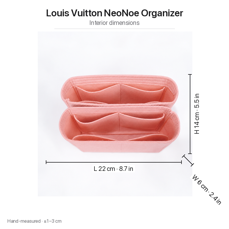 Interior dimensions chart for the two-section NeoNoe felt organizer insert: 22 x 6 x 14 cm
