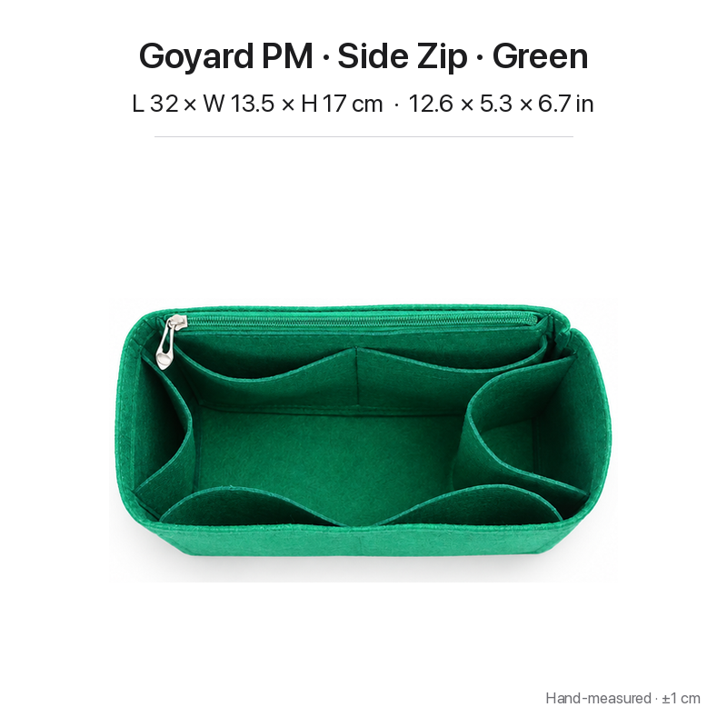 Green felt bag organizer insert for Goyard Saint Louis PM, side zipper layout, top view showing pockets