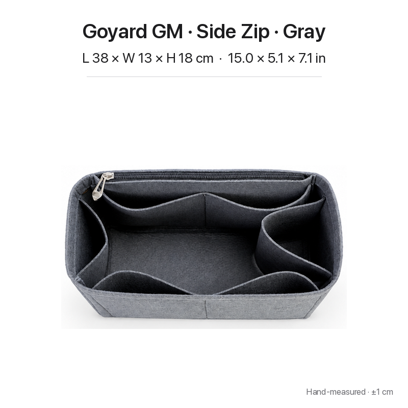 Gray felt bag organizer insert for Goyard Saint Louis GM, side zipper layout, top view showing pockets