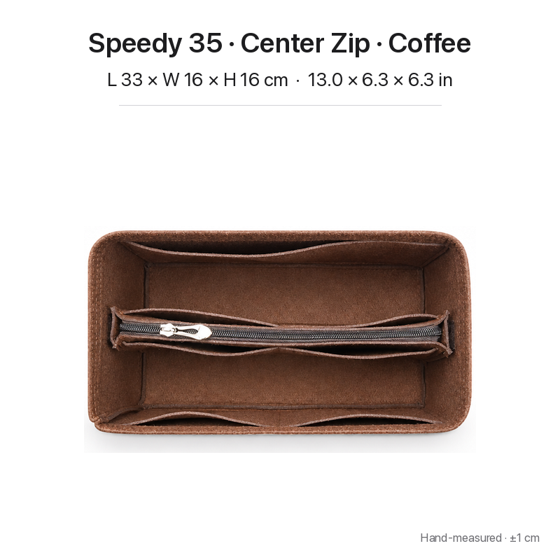 Coffee felt bag organizer insert for Louis Vuitton Speedy 35, center zipper layout, top view showing pockets