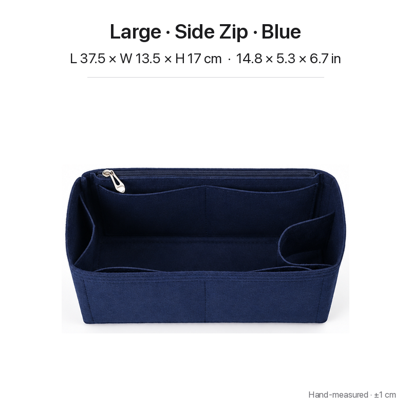 Blue felt bag organizer insert for Dior Book Tote Large, side zipper layout, top view showing pockets