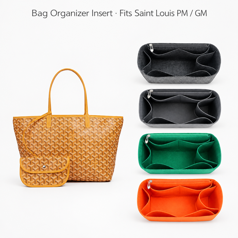 Gray, charcoal, green and orange felt inserts for Goyard Saint Louis PM and GM next to the tote, with a fit caption