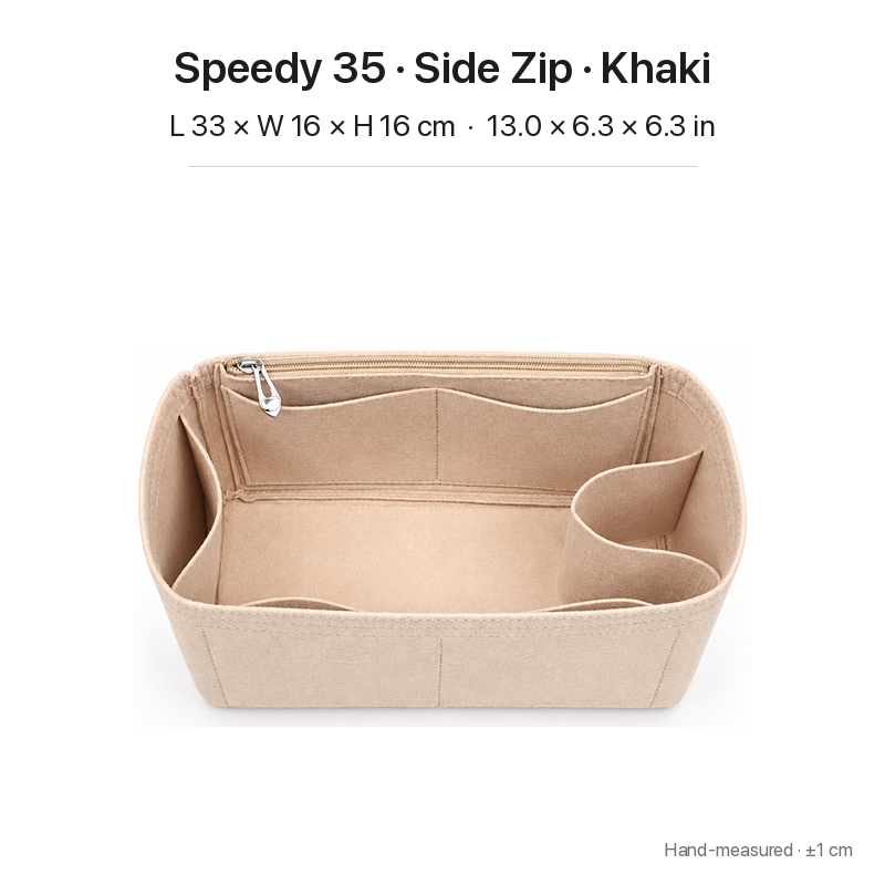 Khaki felt bag organizer insert for Louis Vuitton Speedy 35, side zipper layout, angled view