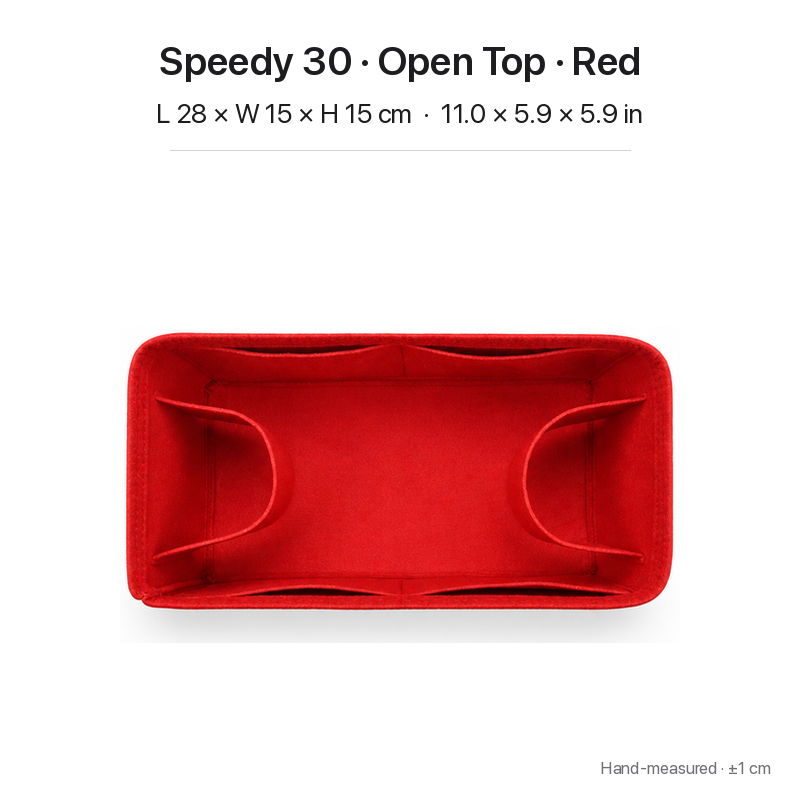 Red felt bag organizer insert for Louis Vuitton Speedy 30, open top, top view showing pockets