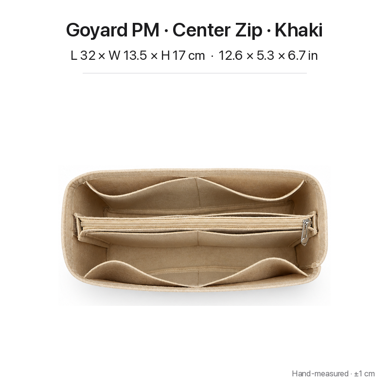 Khaki felt bag organizer insert for Goyard Saint Louis PM, center zipper layout, top view showing pockets