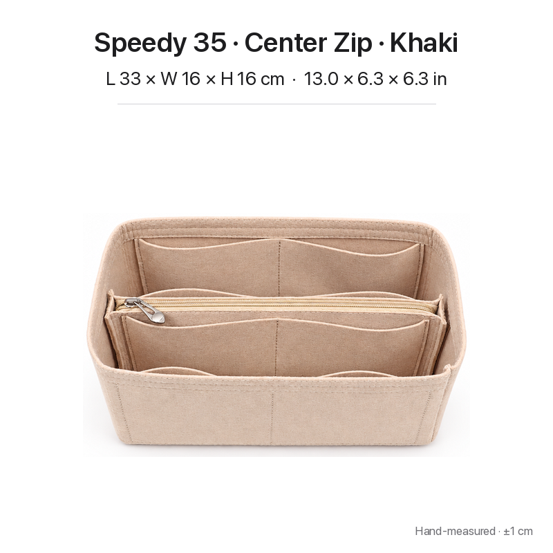 Khaki felt bag organizer insert for Louis Vuitton Speedy 35, center zipper layout, angled view