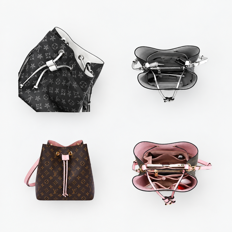 Two Louis Vuitton NeoNoe bags, black and brown, each shown from above with a felt insert inside