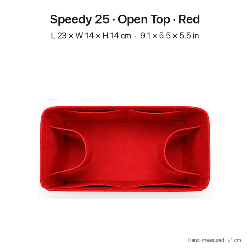 Red felt bag organizer insert for Louis Vuitton Speedy 25, open top, top view showing pockets