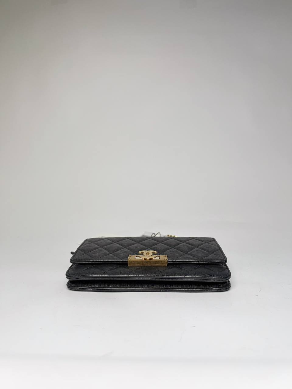 Chanel Golden Class Wallet on Chain black caviar, base view showing the gusset