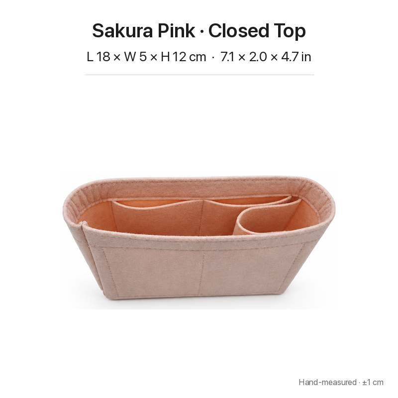 Sakura pink felt bag organizer insert for Louis Vuitton Locky BB, closed top, angled view
