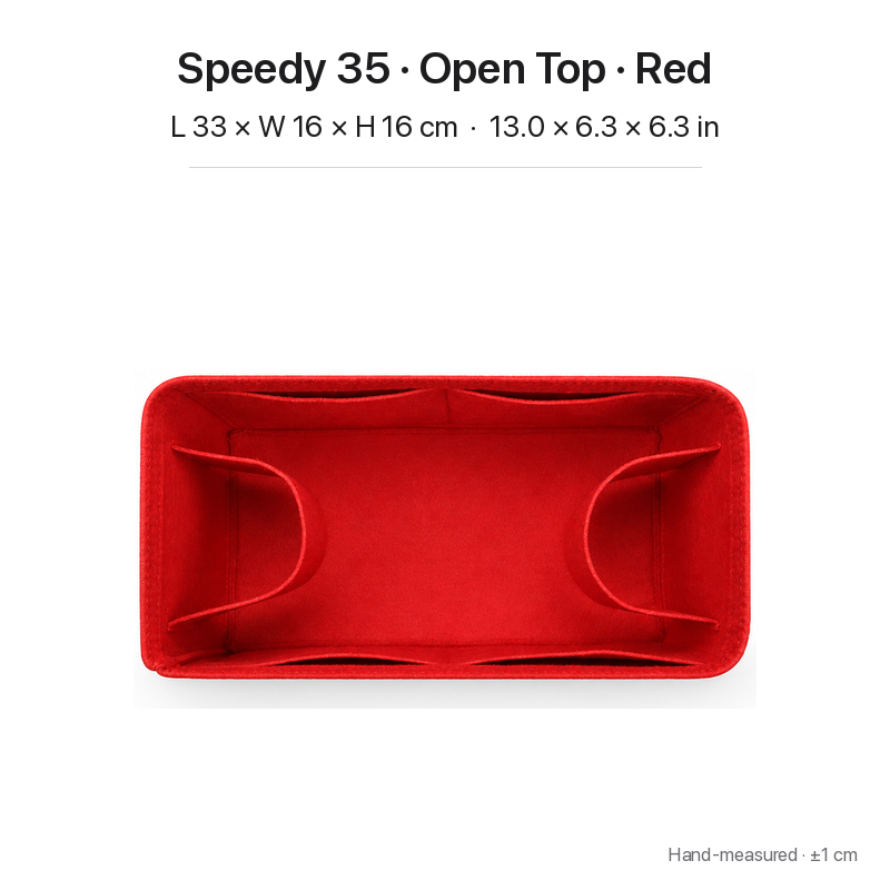 Red felt bag organizer insert for Louis Vuitton Speedy 35, open top, top view showing pockets