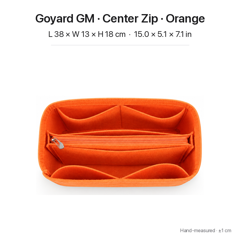 Orange felt bag organizer insert for Goyard Saint Louis GM, center zipper layout, top view showing pockets
