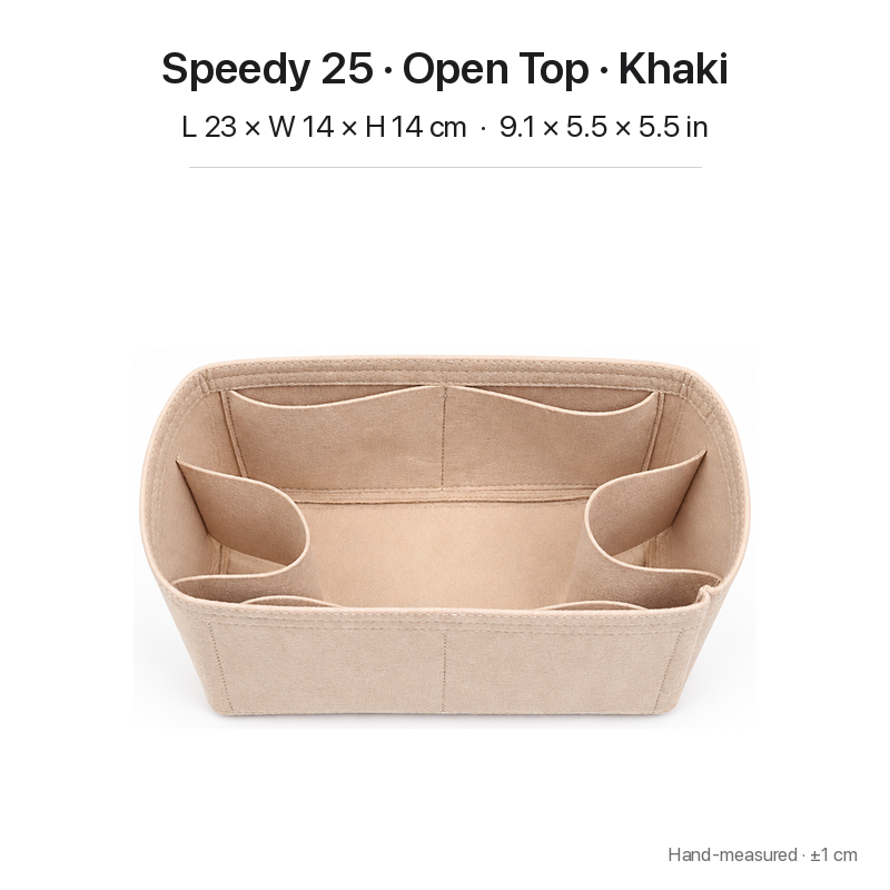Khaki felt bag organizer insert for Louis Vuitton Speedy 25, open top, top view showing pockets