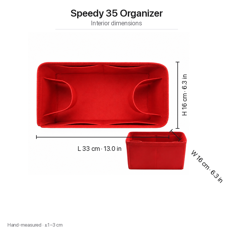 Interior dimensions chart for the Speedy 35 felt organizer insert, red: 33 x 16 x 16 cm