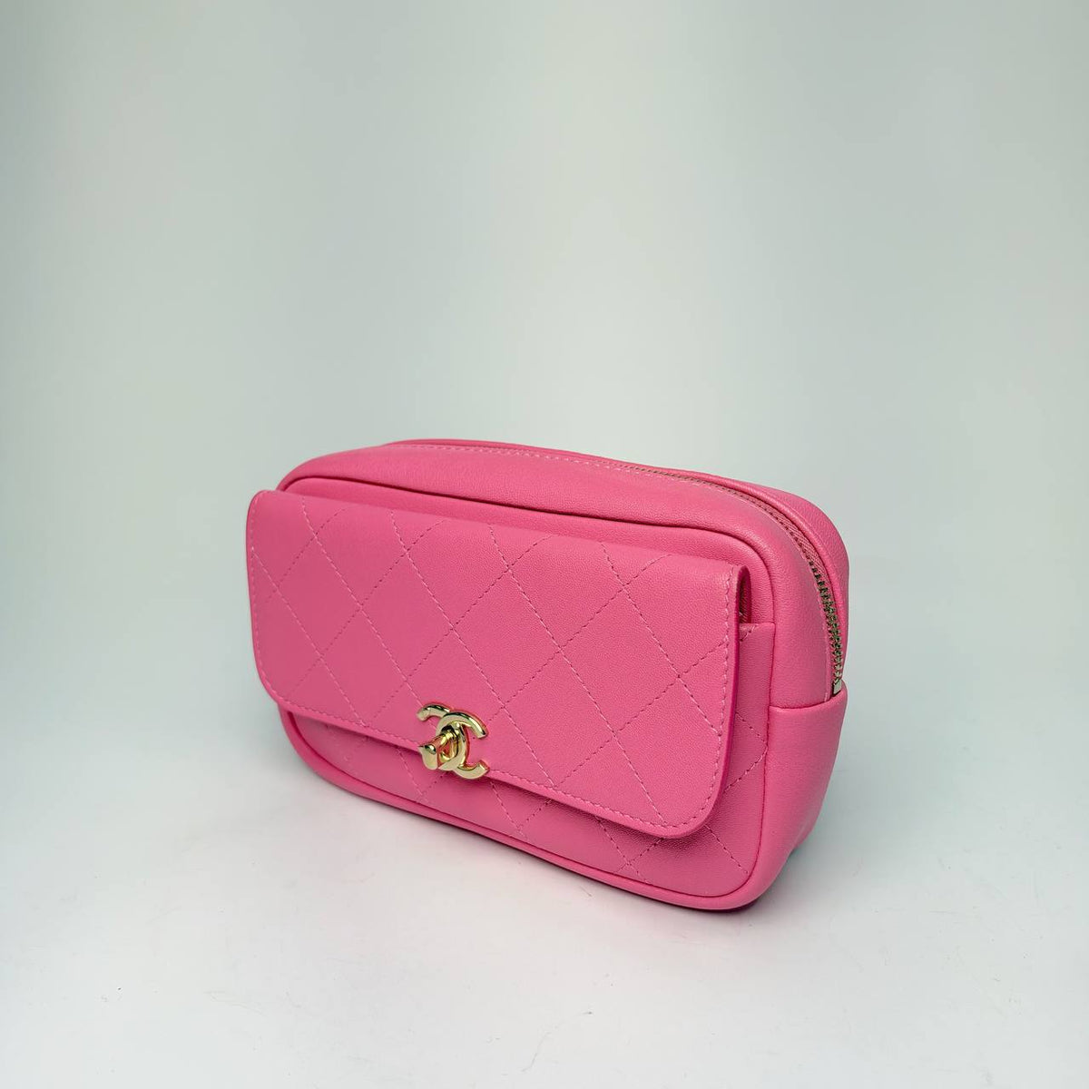 Chanel Casual Trip Waist Bag pink, angled view showing the top zipper