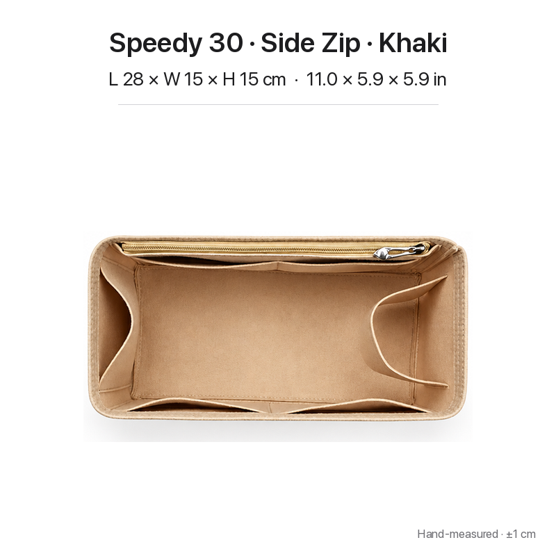 Khaki felt bag organizer insert for Louis Vuitton Speedy 30, side zipper layout, top view showing pockets