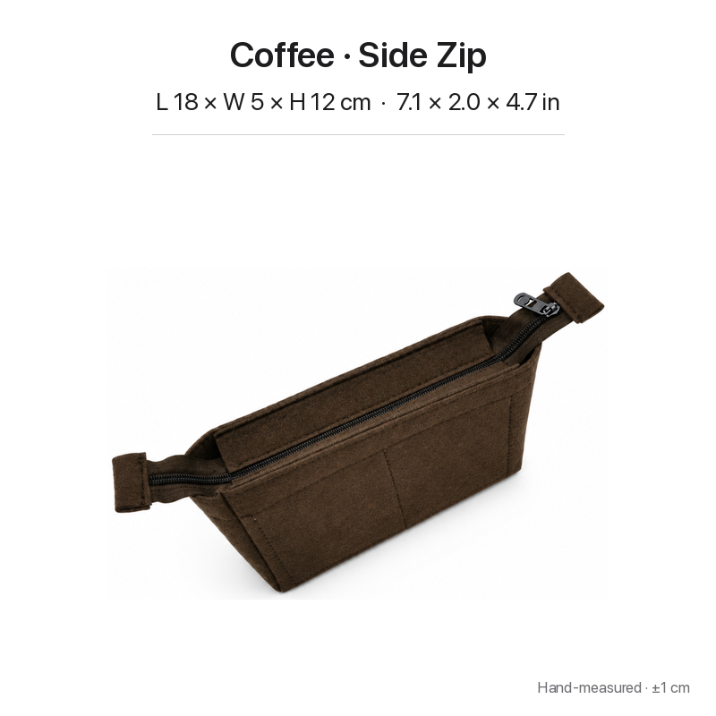 Coffee felt bag organizer insert for Louis Vuitton Locky BB, side zipper layout, zipper closed across the top