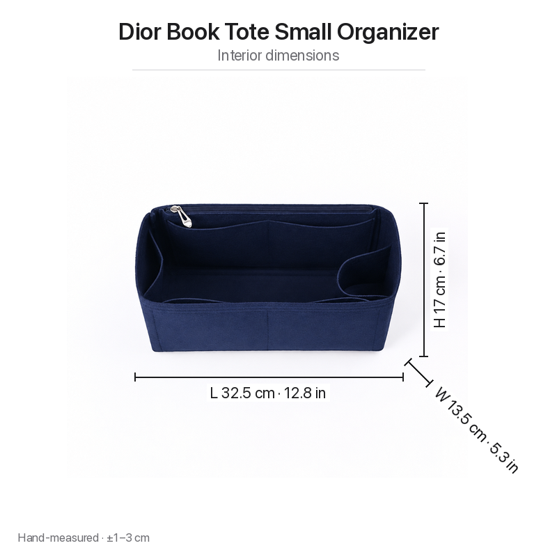 Interior dimensions chart for the Dior Book Tote Small felt organizer insert, navy: 32.5 x 13.5 x 17 cm