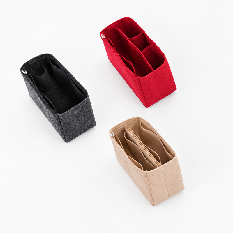 Charcoal, burgundy and beige felt organizer inserts for Dior Book Tote, angled side view